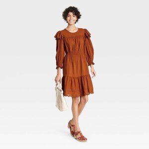 Women's Ruffle Long Sleeve Ruffle Dress - Universal Thread Brown Large